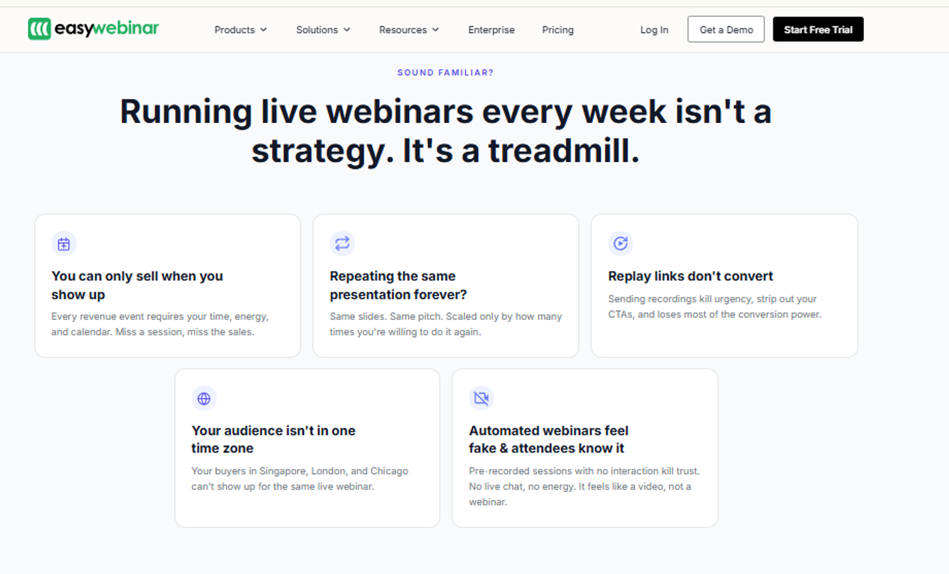 EasyWebinar page listing live webinar pain points like time-zone gaps and replay links that fail to convert