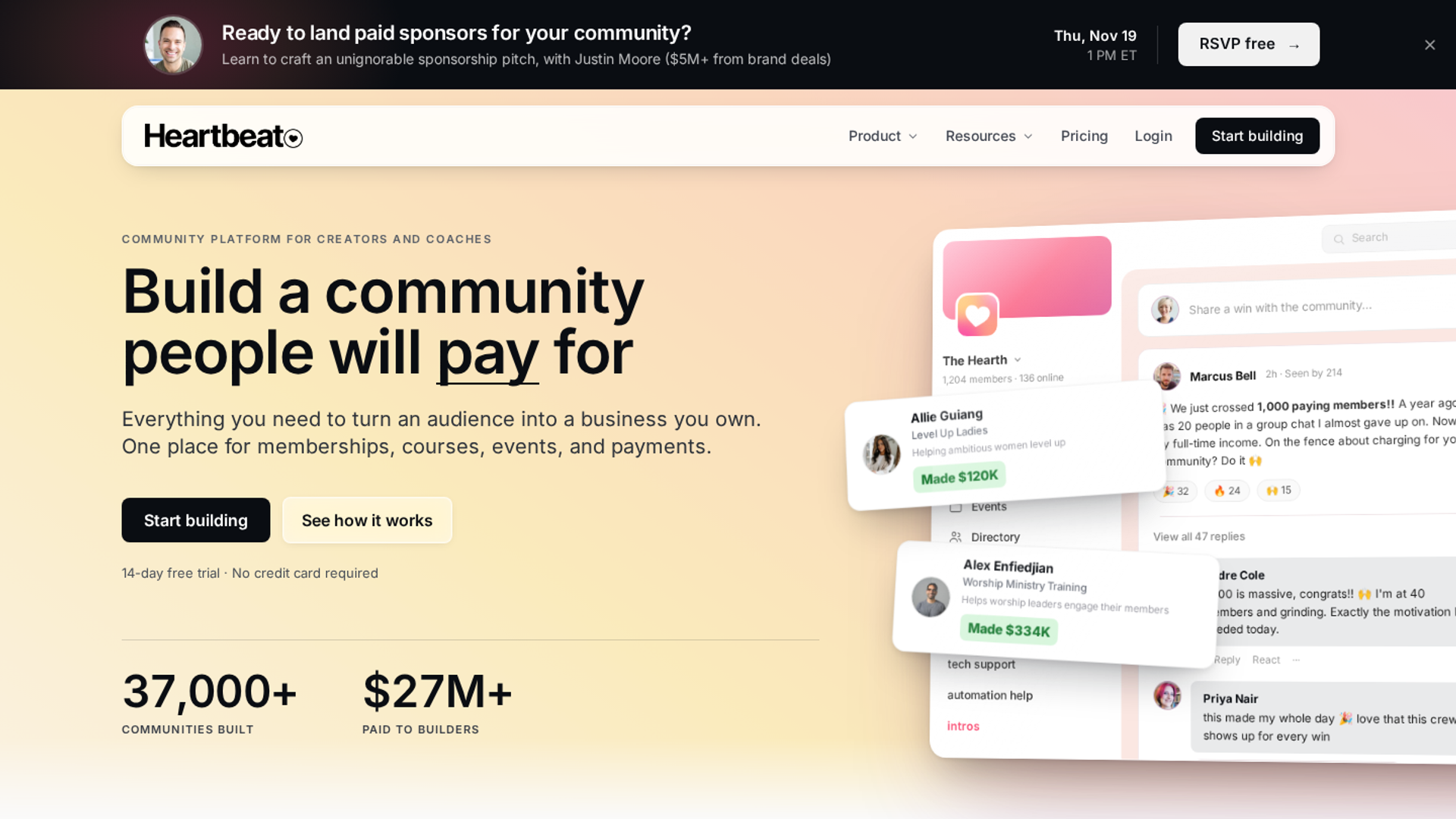 Heartbeat homepage with community headline, an event RSVP bar, and a community feed preview