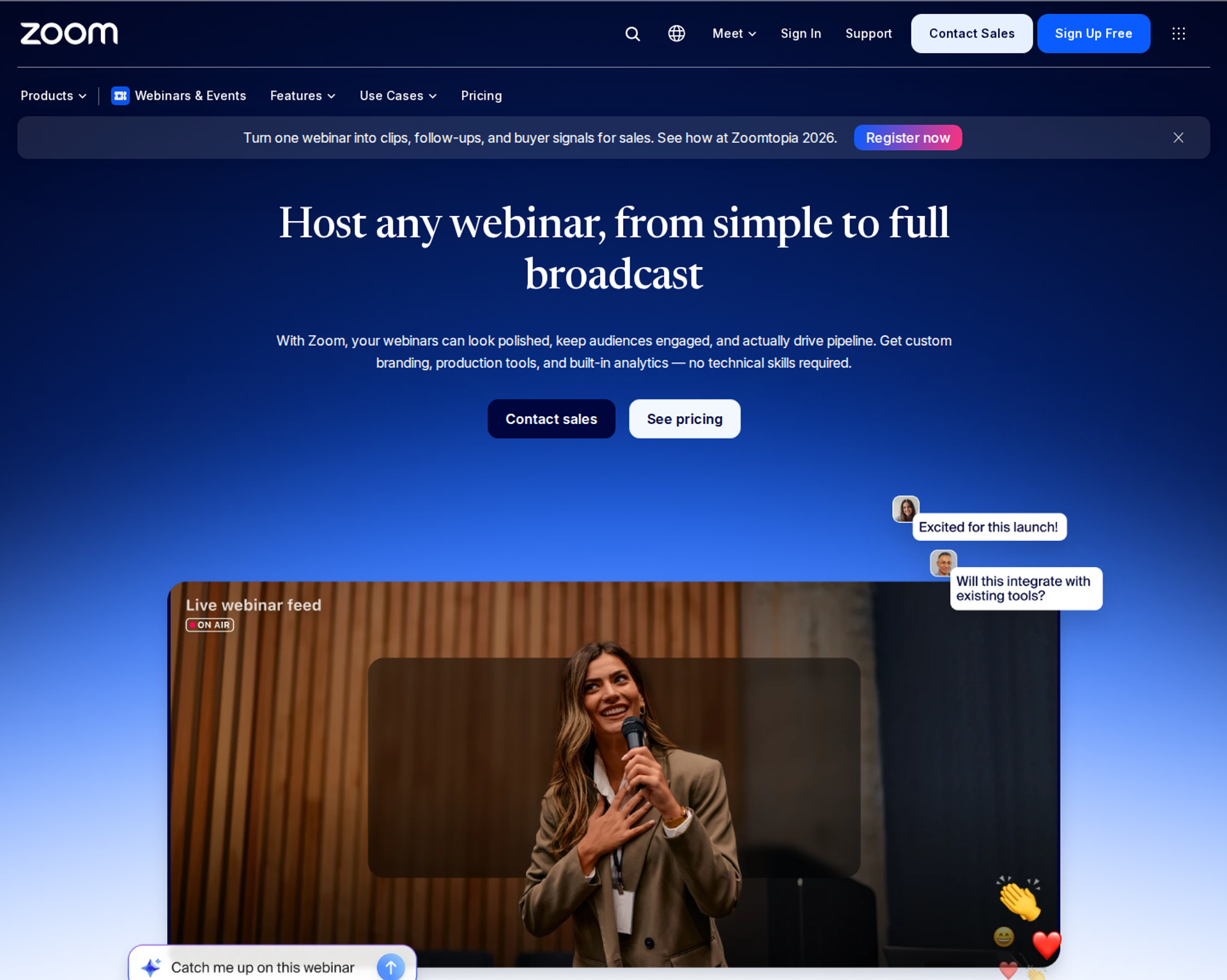 Zoom webinars page hero with a speaker in a live webinar feed, chat bubbles, and emoji reactions