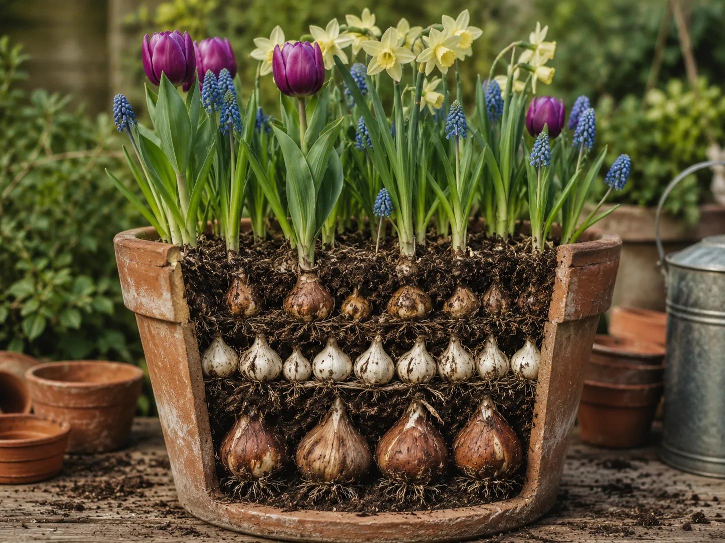 Cutaway of a terracotta pot showing three layers of spring bulbs, with purple tulips, daffodils and blue grape hyacinths in flower above