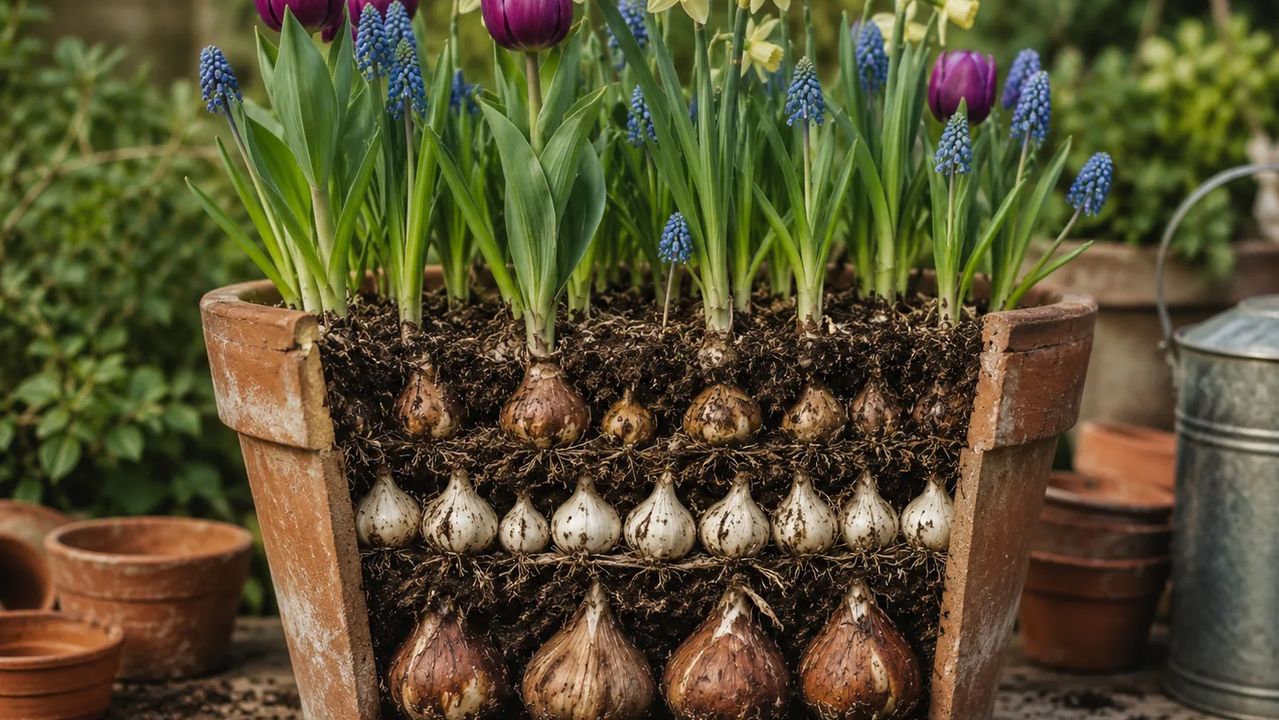 Cutaway of a terracotta pot showing three layers of spring bulbs, with purple tulips, daffodils and blue grape hyacinths in flower above
