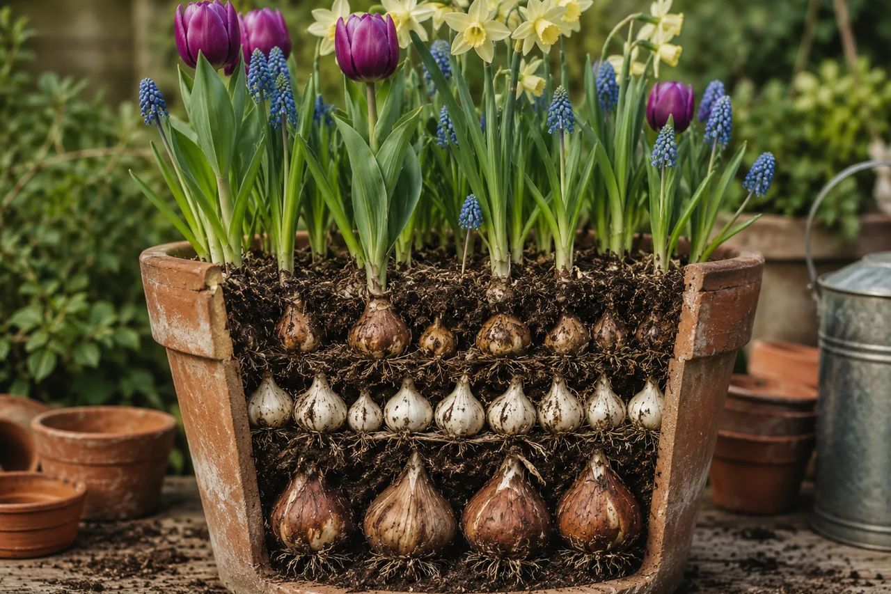 Cutaway of a terracotta pot showing three layers of spring bulbs, with purple tulips, daffodils and blue grape hyacinths in flower above