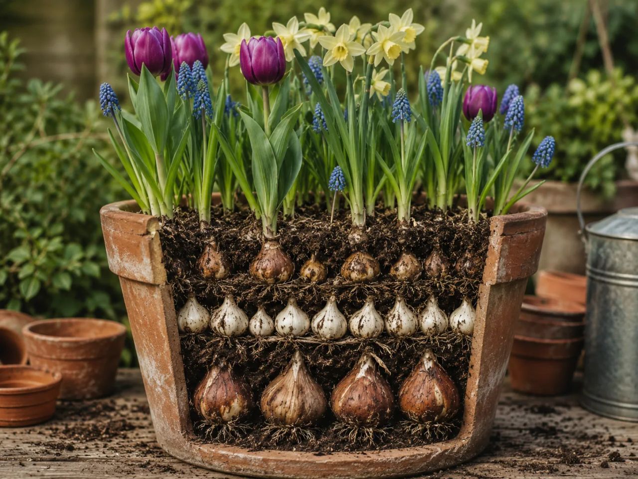 Cutaway of a terracotta pot showing three layers of spring bulbs, with purple tulips, daffodils and blue grape hyacinths in flower above