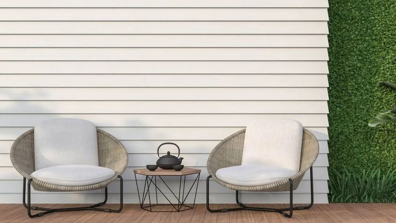 Chairs on a garden deck spring 2025