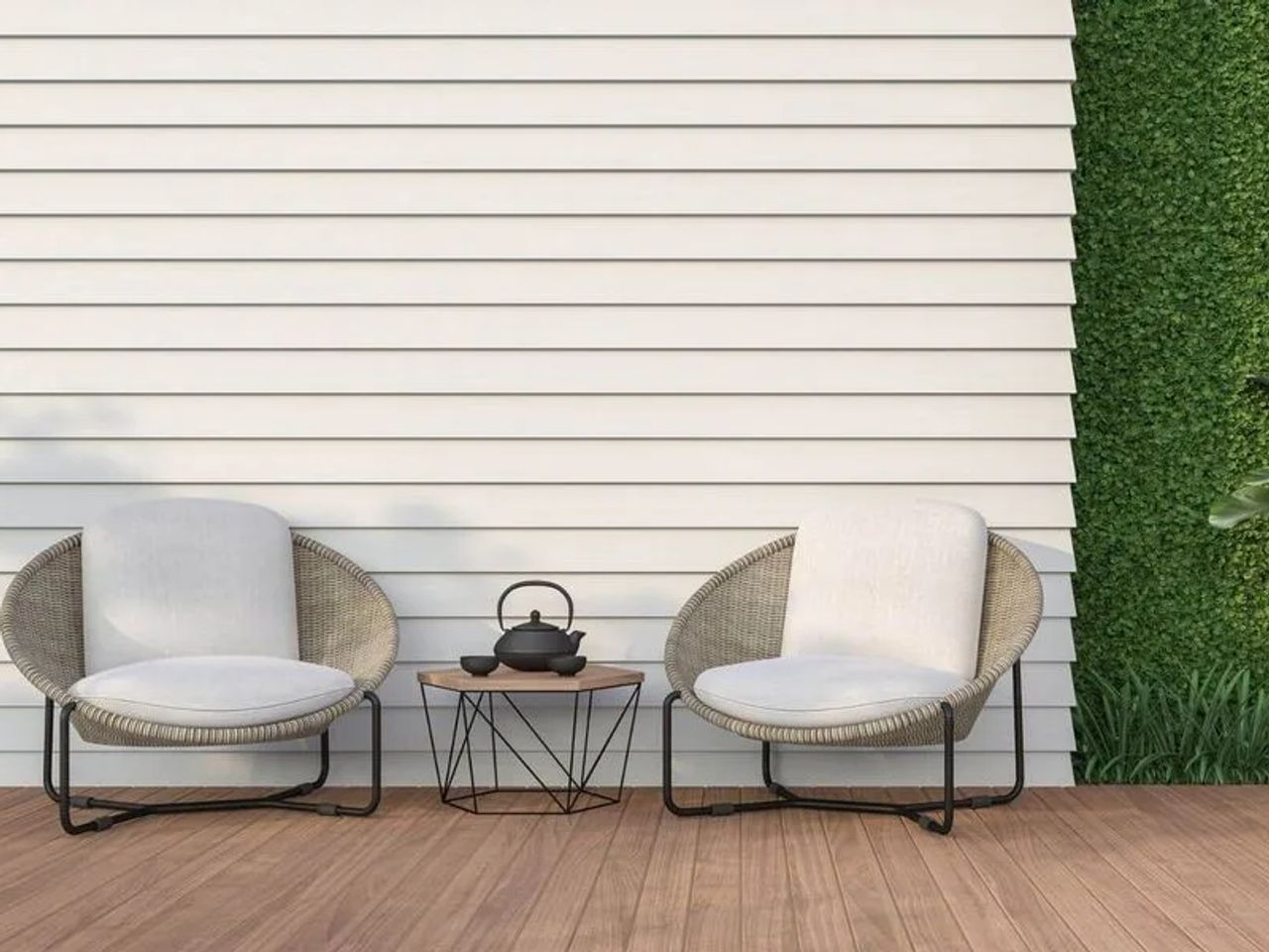 Chairs on a garden deck spring 2025