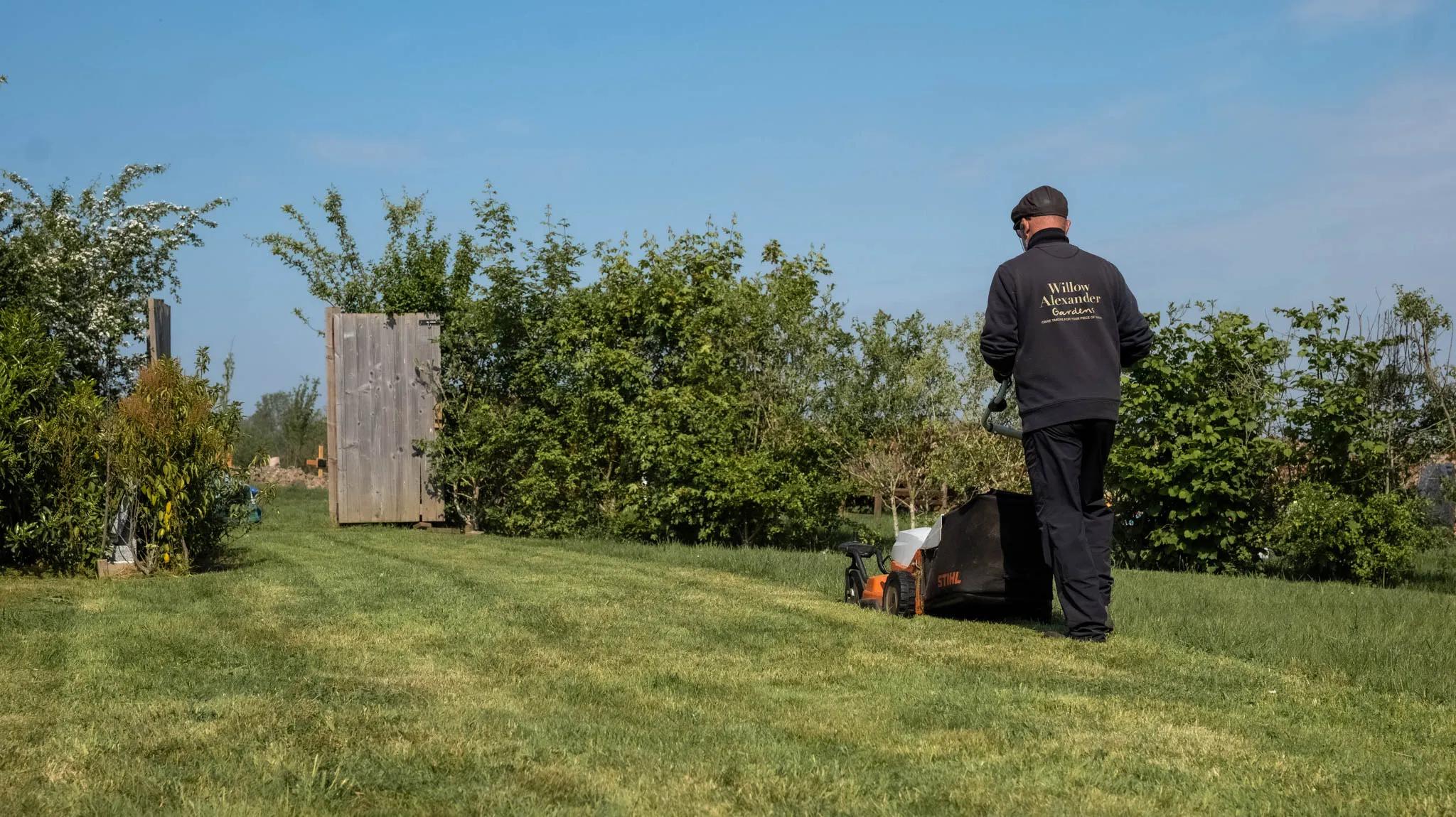 Willow Alexander gardener mowing the orchard lawn of a private estate, grounds maintenance at scale