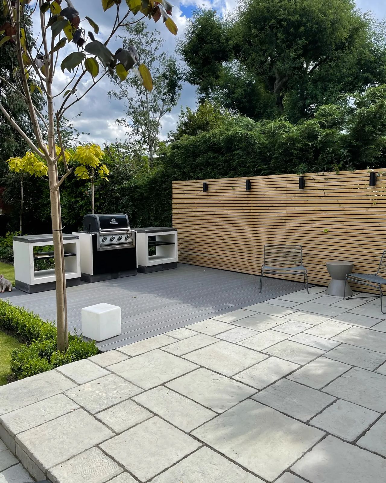 Large Formal Family Garden, composite decking with cedar screen and outdoor kitchen