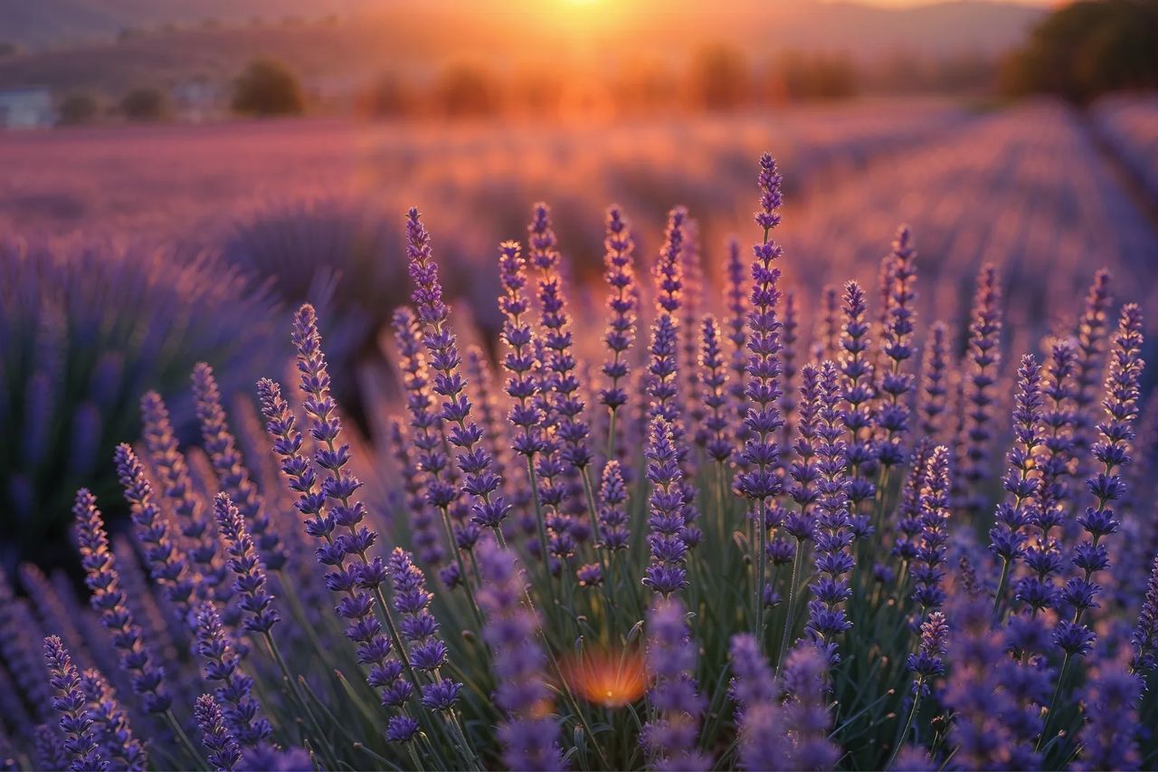 A field of English lavender in full flower, backlit by a low evening sun