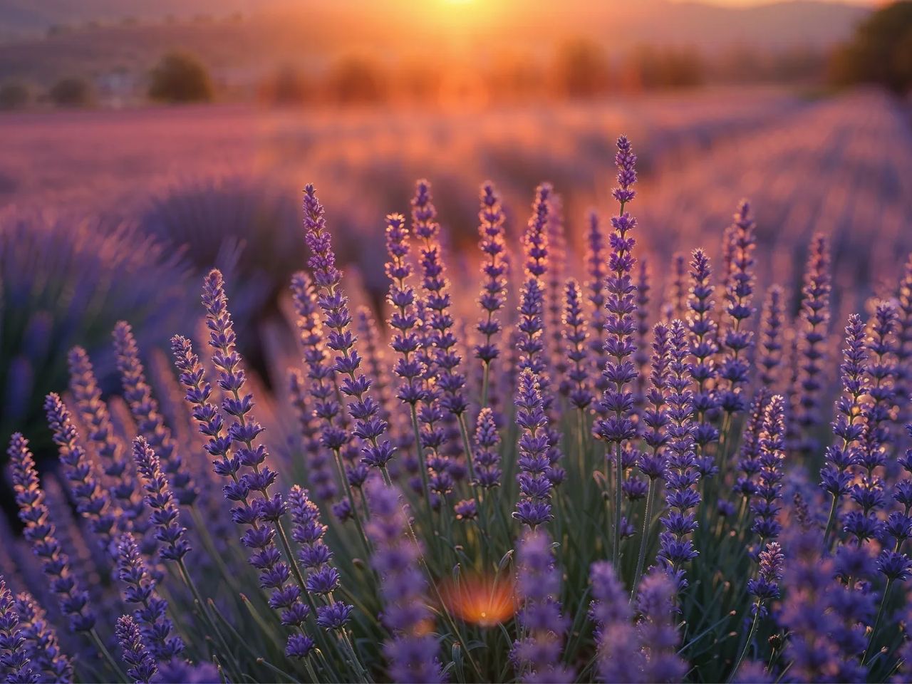 A field of English lavender in full flower, backlit by a low evening sun