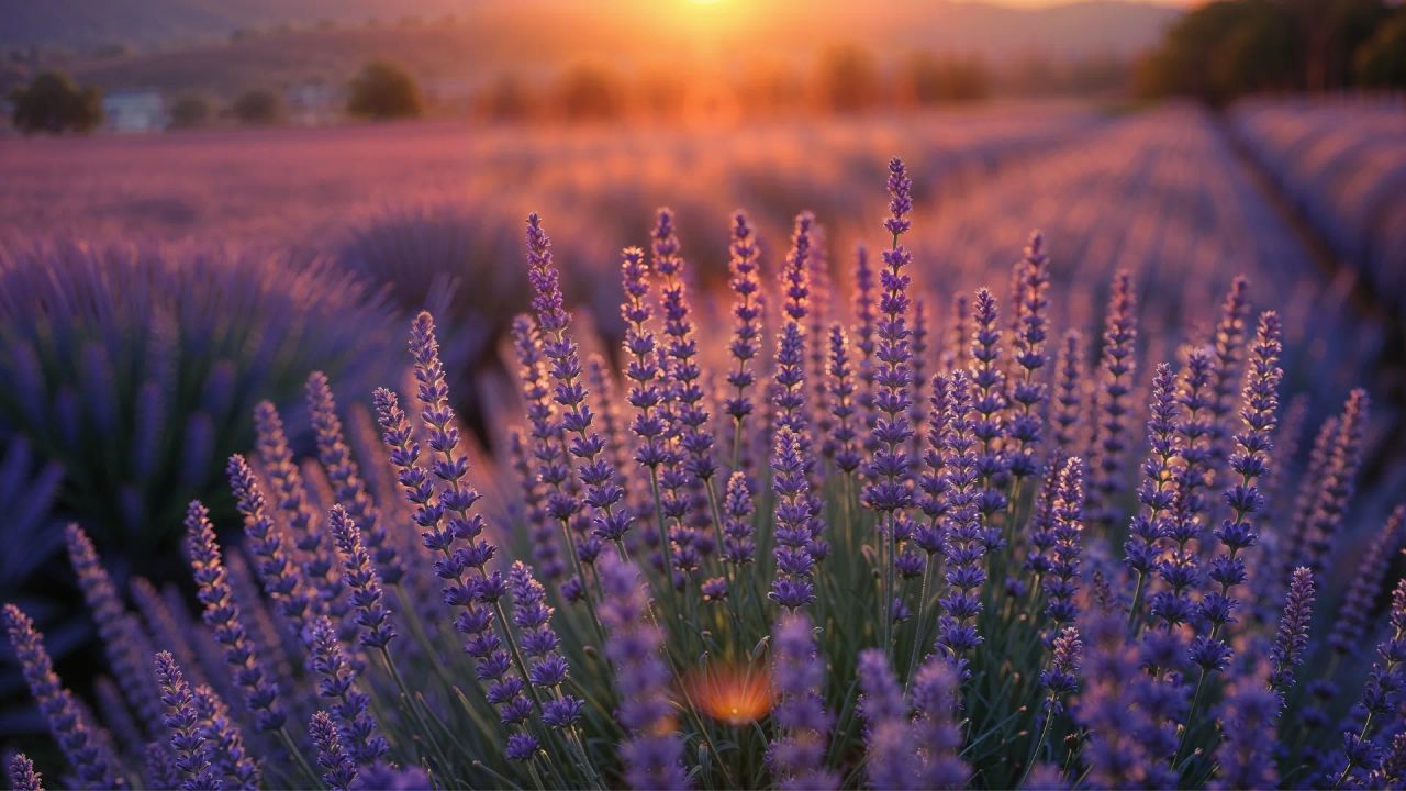 A field of English lavender in full flower, backlit by a low evening sun