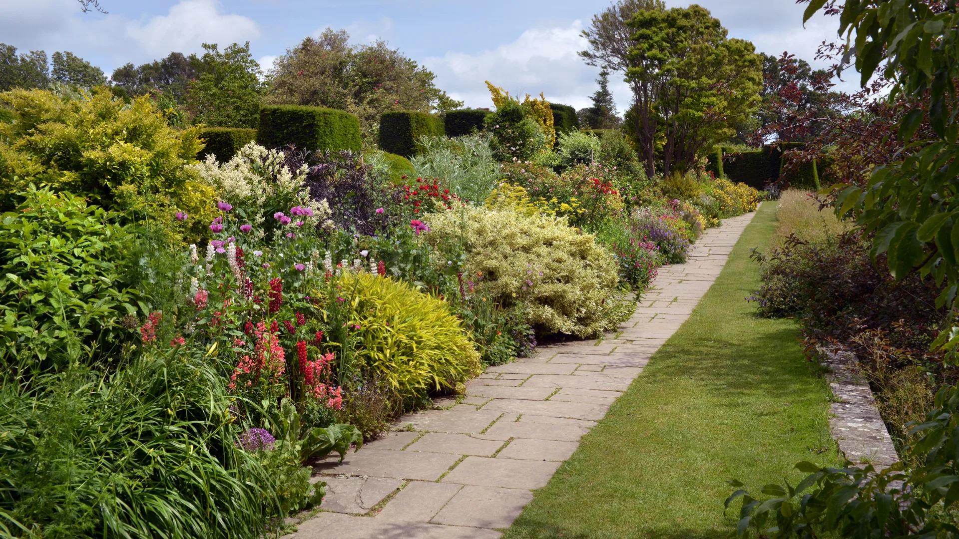 A designed herbaceous border running along a stone path, with mixed perennials and clipped evergreen accents