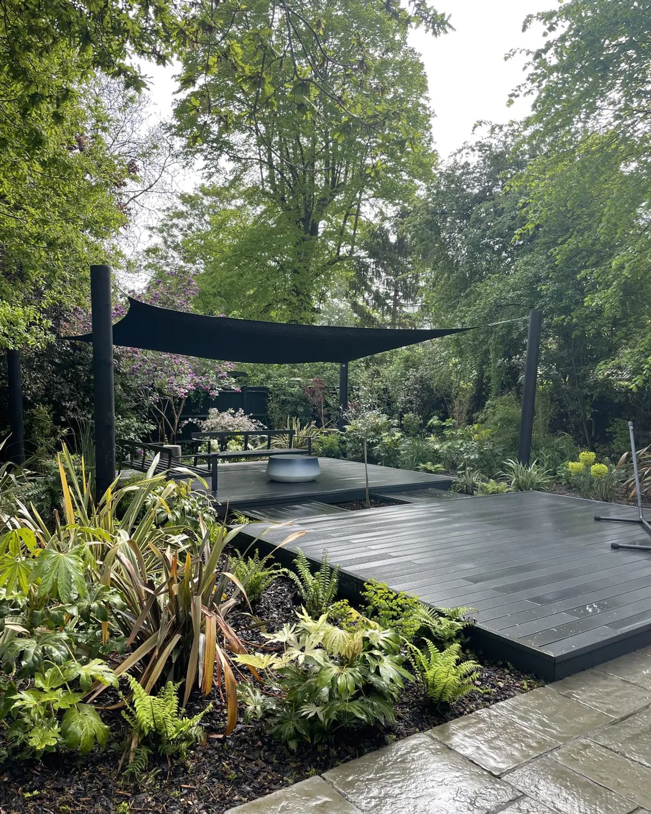 Deep graphite composite decking framed by lush planting