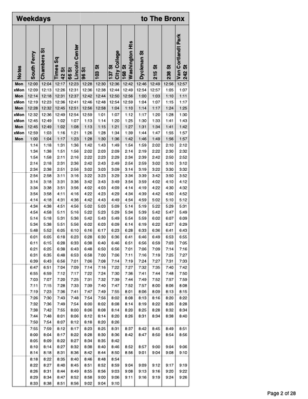 Weekday Subway Timetable