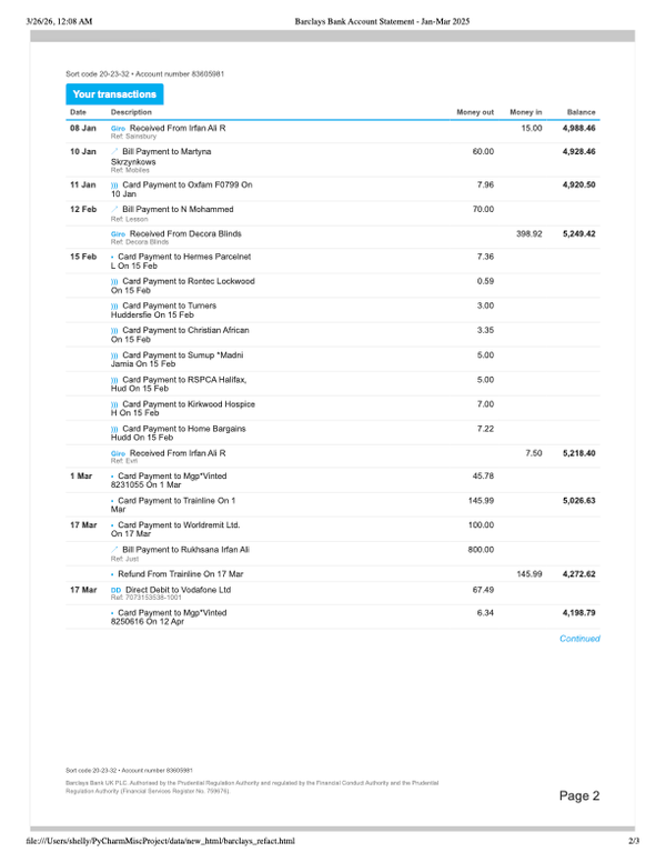 Bank statement with multiline entries