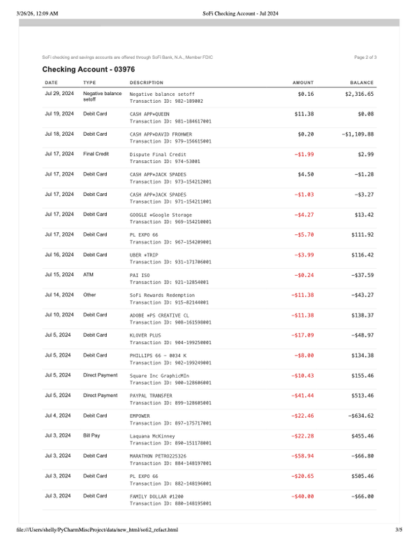 Bank transaction history