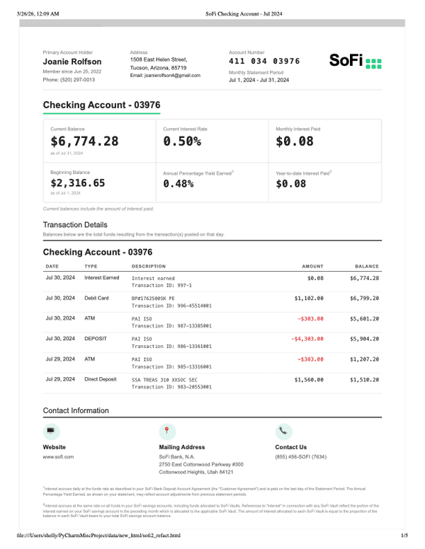 Checking account summary