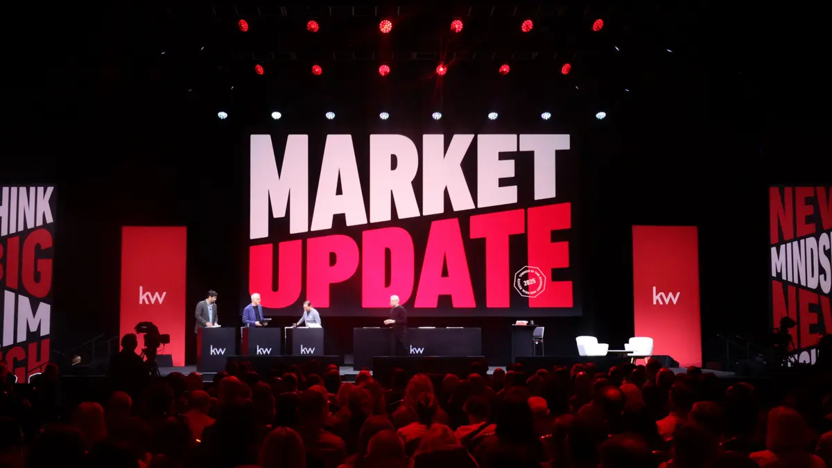 Gary Keller, Jason Abrams, Jason Papasan, and Ruben Gonzalez on stage during Market Update at a past Mega Camp.