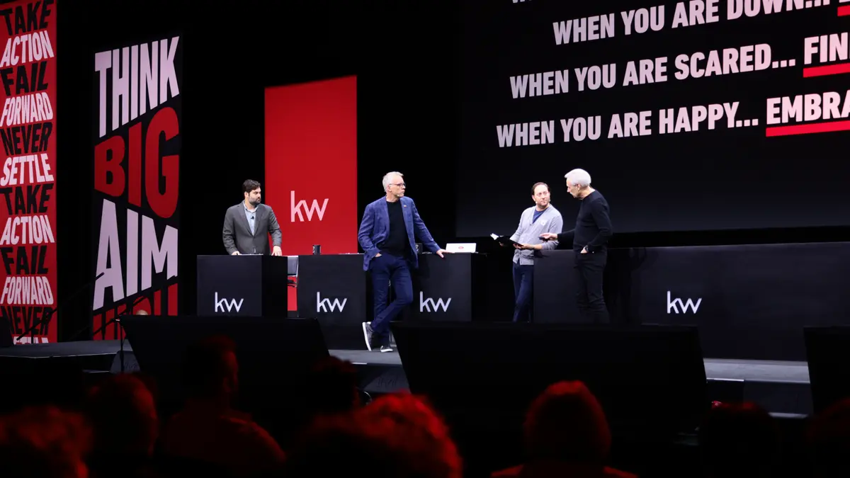 Gary Keller, Jason Abrams, Jay Papasan, and Ruben Gonzalez on stage at previous Mega Agent Camp. 