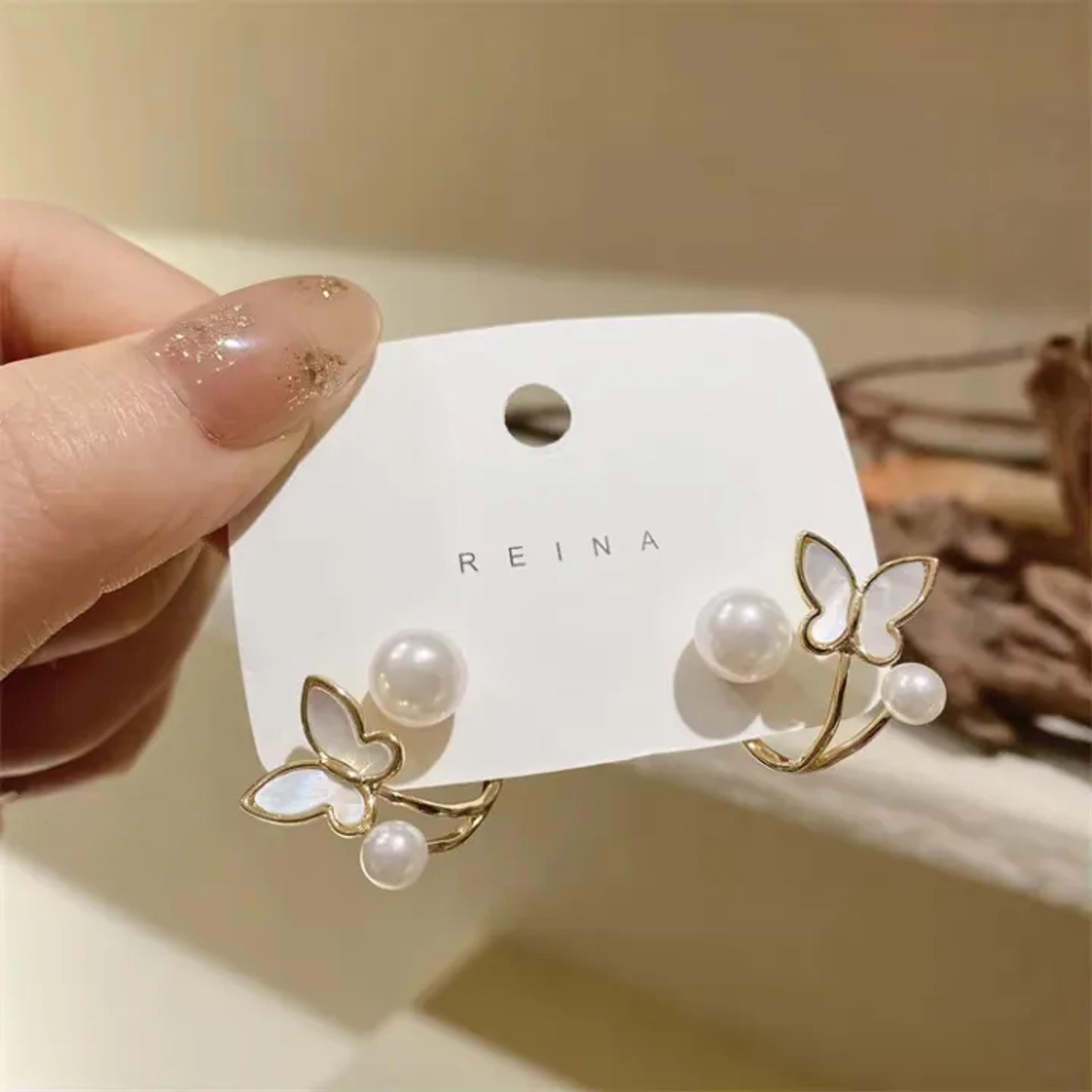 Pair Of White Enamel & Pearl Butterfly Earrings For Girls Fashion Personality Korean Jewellery For Girls image 1