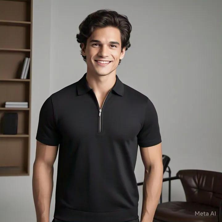Men Solid Ziper Polo Neck Polyester Black T-Shirt