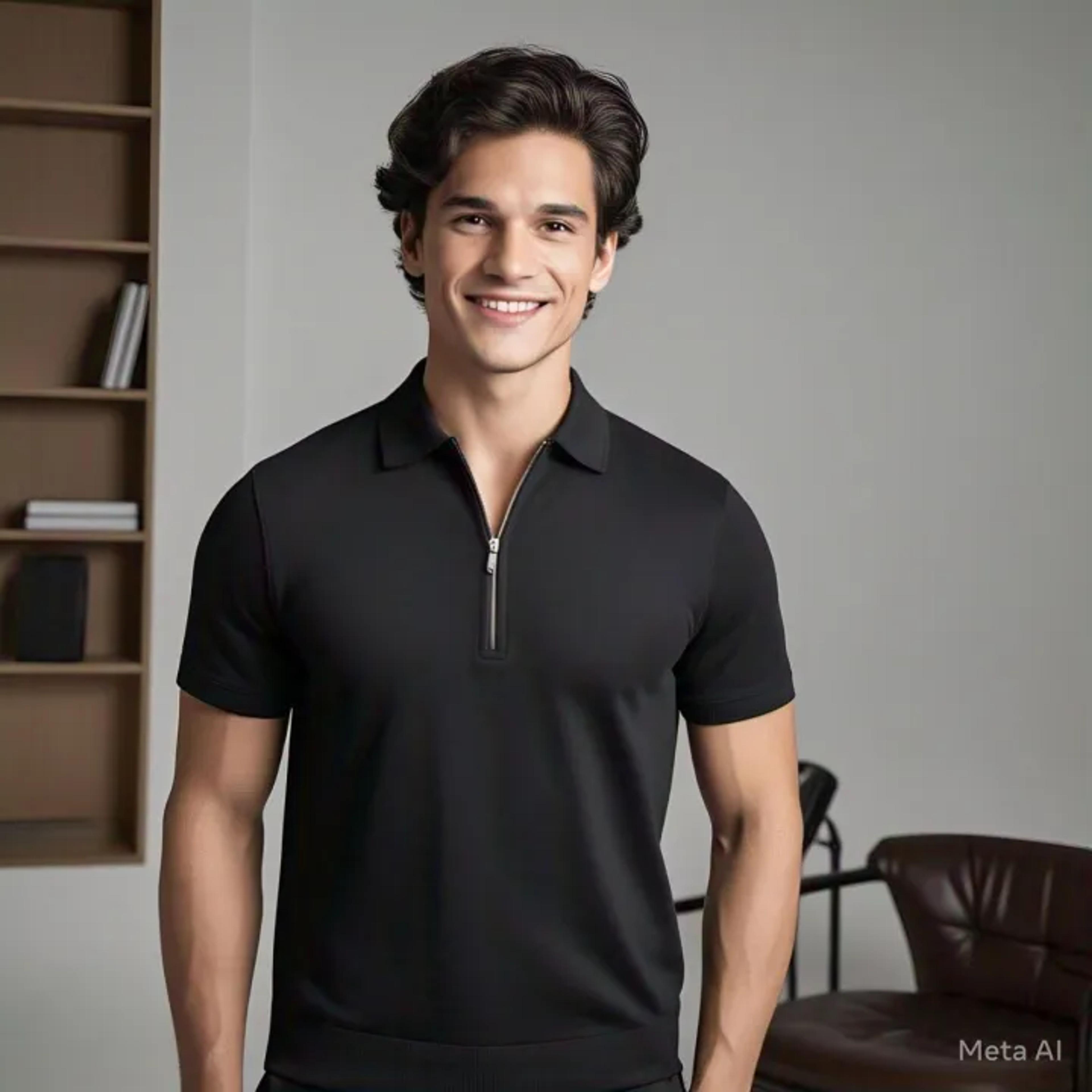 Men Solid Ziper Polo Neck Polyester Black T-Shirt image 1
