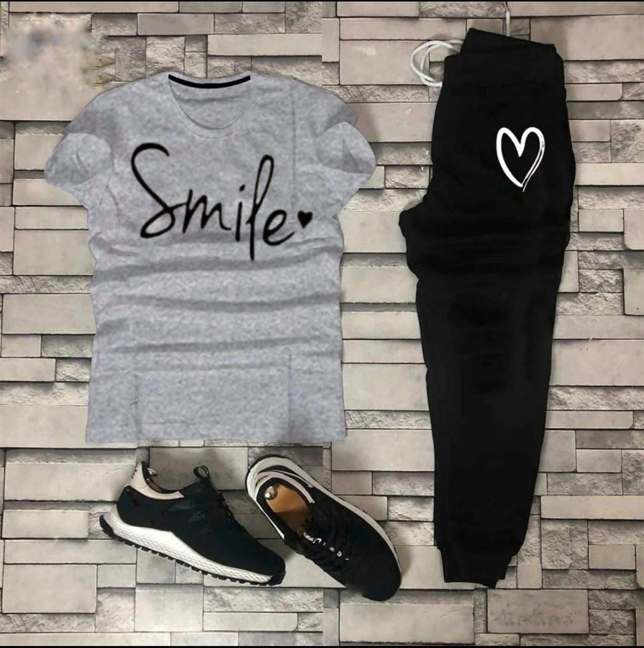 STYLISH SMILE HEART Tag Printed Summer Tracksuit For Women & Girls Tee-shirt with trousers New Design Round Neck Half Sleeves T Shirts Top Quality Gym Wear/Casual and comfortable Pair T-Shirt and Trouser - Image 4