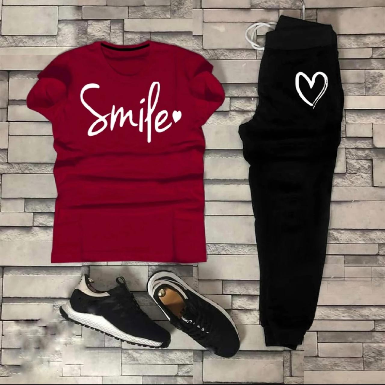 STYLISH SMILE HEART Tag Printed Summer Tracksuit For Women & Girls Tee-shirt with trousers New Design Round Neck Half Sleeves T Shirts Top Quality Gym Wear/Casual and comfortable Pair T-Shirt and Trouser - Image 2