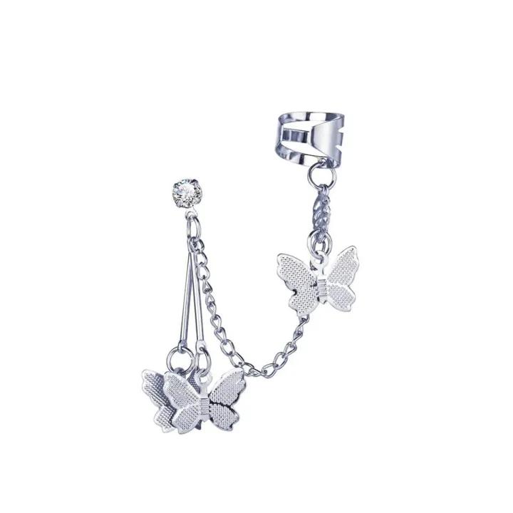 The Jewels Gallery Pair of (2 Pcs) Silver Plated Long Chain Butterfly Design Ear Cuffs Earrings for Women and Girls
