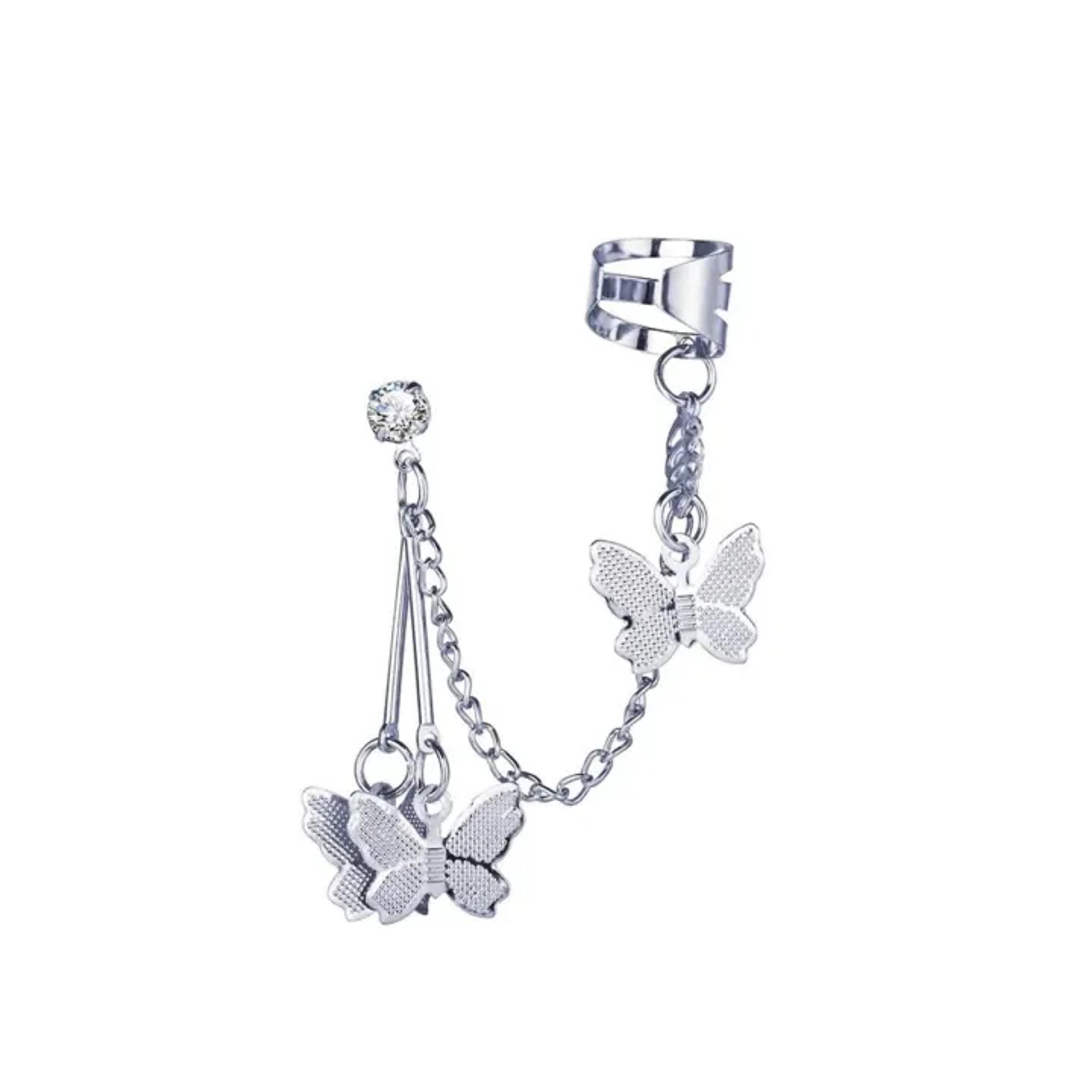 The Jewels Gallery Pair of (2 Pcs) Silver Plated Long Chain Butterfly Design Ear Cuffs Earrings for Women and Girls image 1