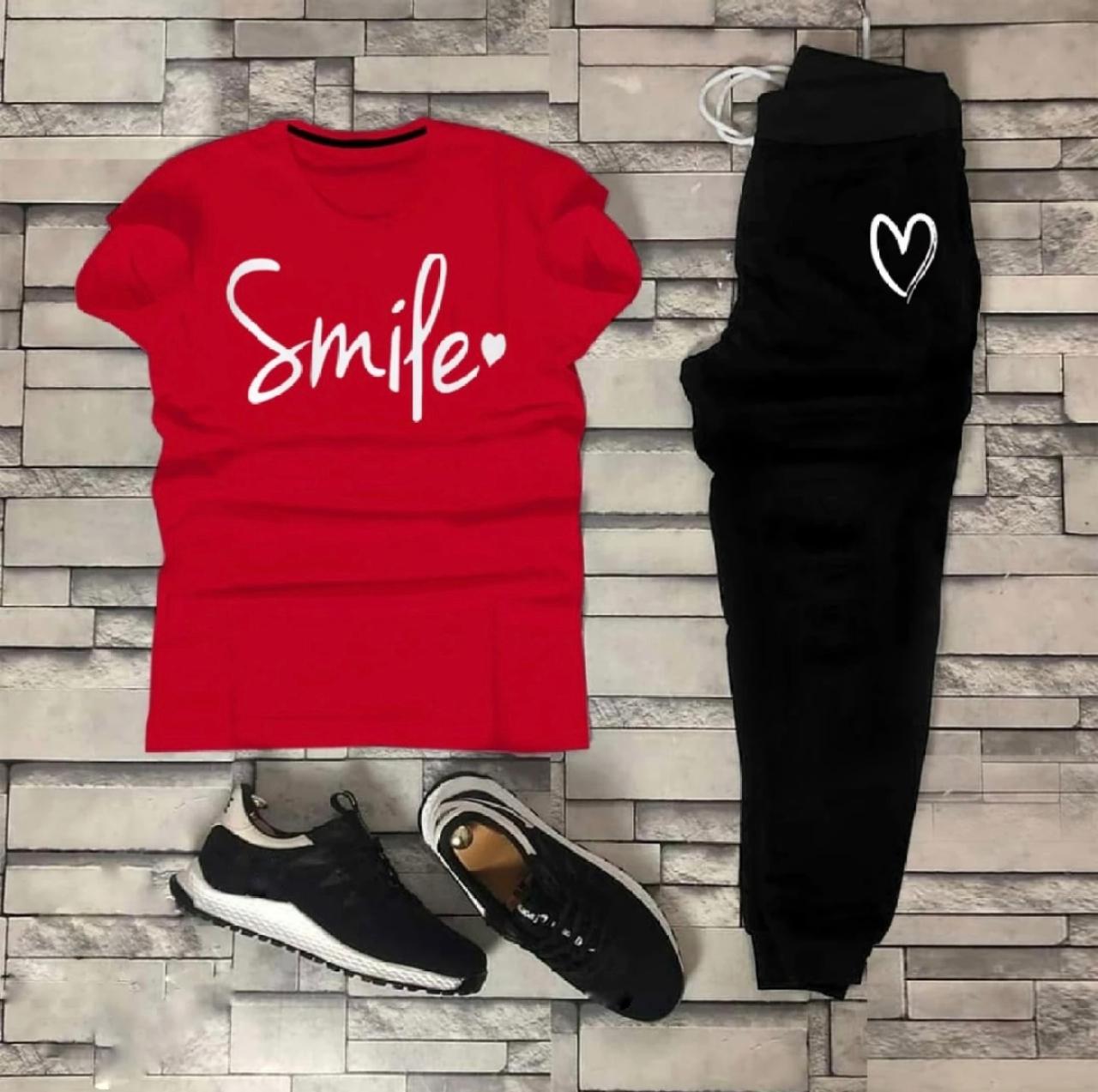 STYLISH SMILE HEART Tag Printed Summer Tracksuit For Women & Girls Tee-shirt with trousers New Design Round Neck Half Sleeves T Shirts Top Quality Gym Wear/Casual and comfortable Pair T-Shirt and Trouser - Image 1