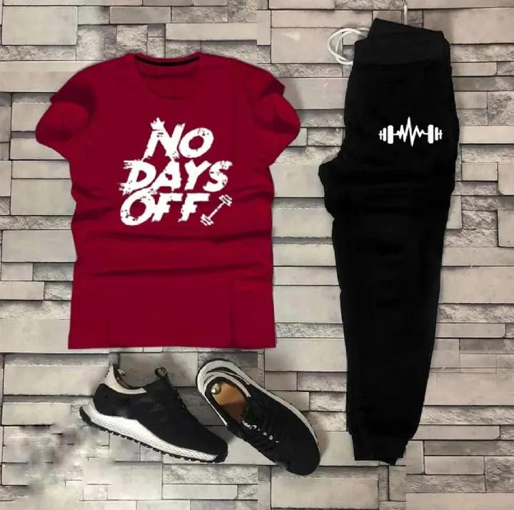 Trendy NO DAYS OFF Tag Printed Summer Tracksuit For Men & Boys Tee-shirt with trousers New Design Round Neck Half Sleeves T Shirts Top Quality Gym Wear/Casual and comfortable Pair T-Shirt and Trouser