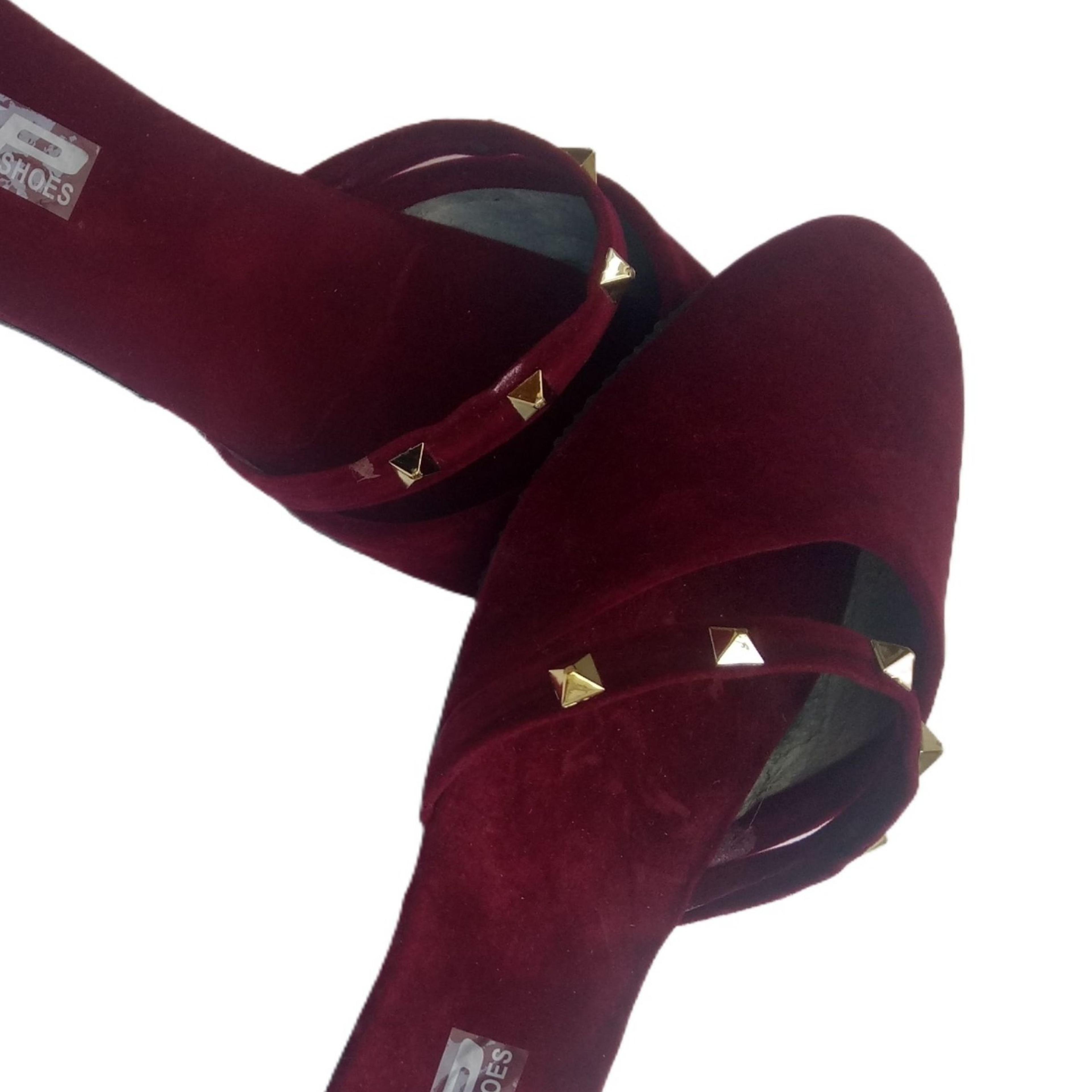 Hot Maroon velvet valentino trendy fashion half pumps shoes for girls and womens.winter shoes for women.winter pumps for girl image 1
