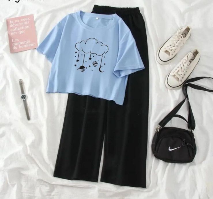 Summer Soft & Comfy Casual Suit Crop Top With Flapper Trouser Combo For Women And Girls - Image 1