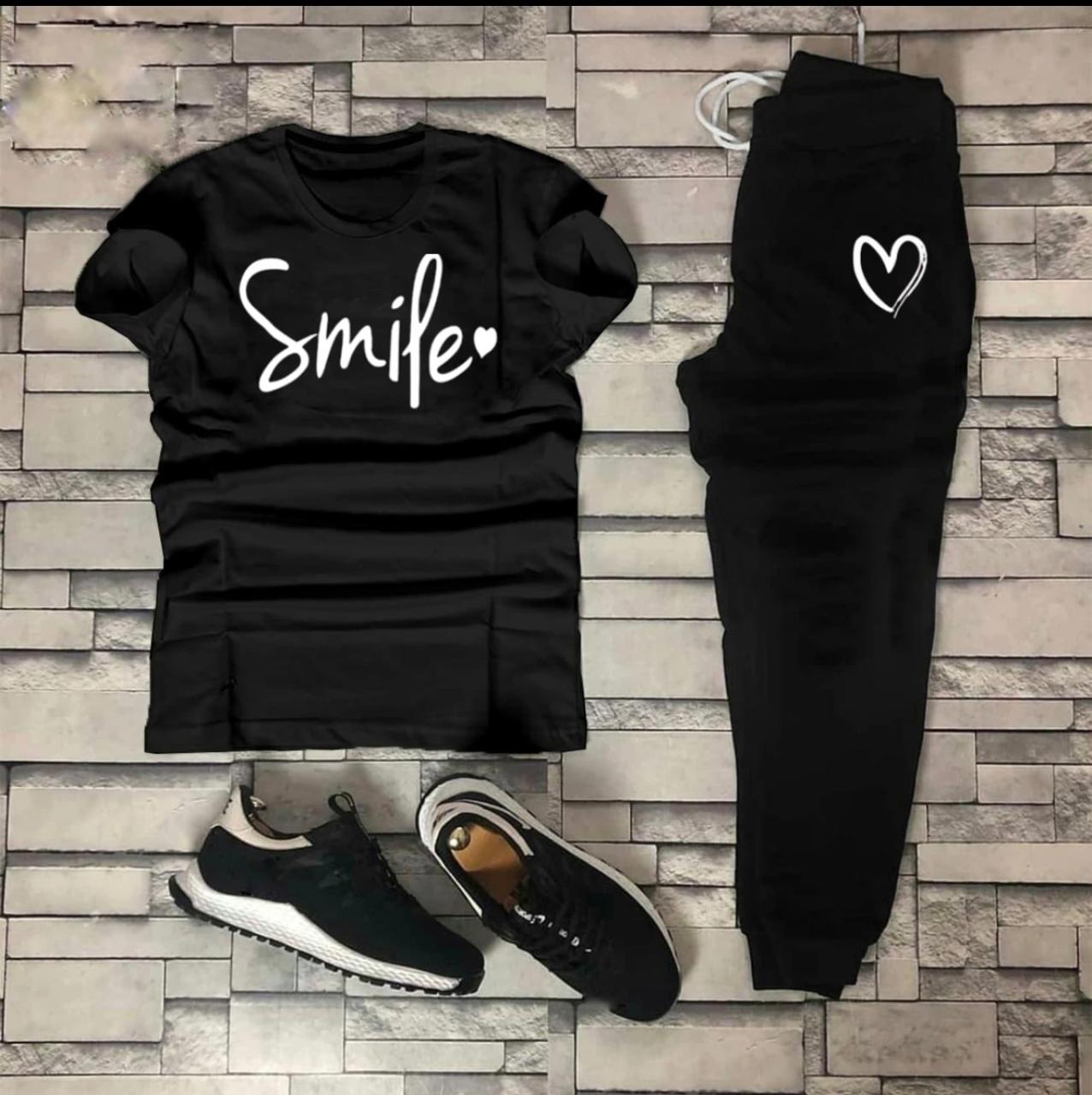 STYLISH SMILE HEART Tag Printed Summer Tracksuit For Women & Girls Tee-shirt with trousers New Design Round Neck Half Sleeves T Shirts Top Quality Gym Wear/Casual and comfortable Pair T-Shirt and Trouser - Image 3