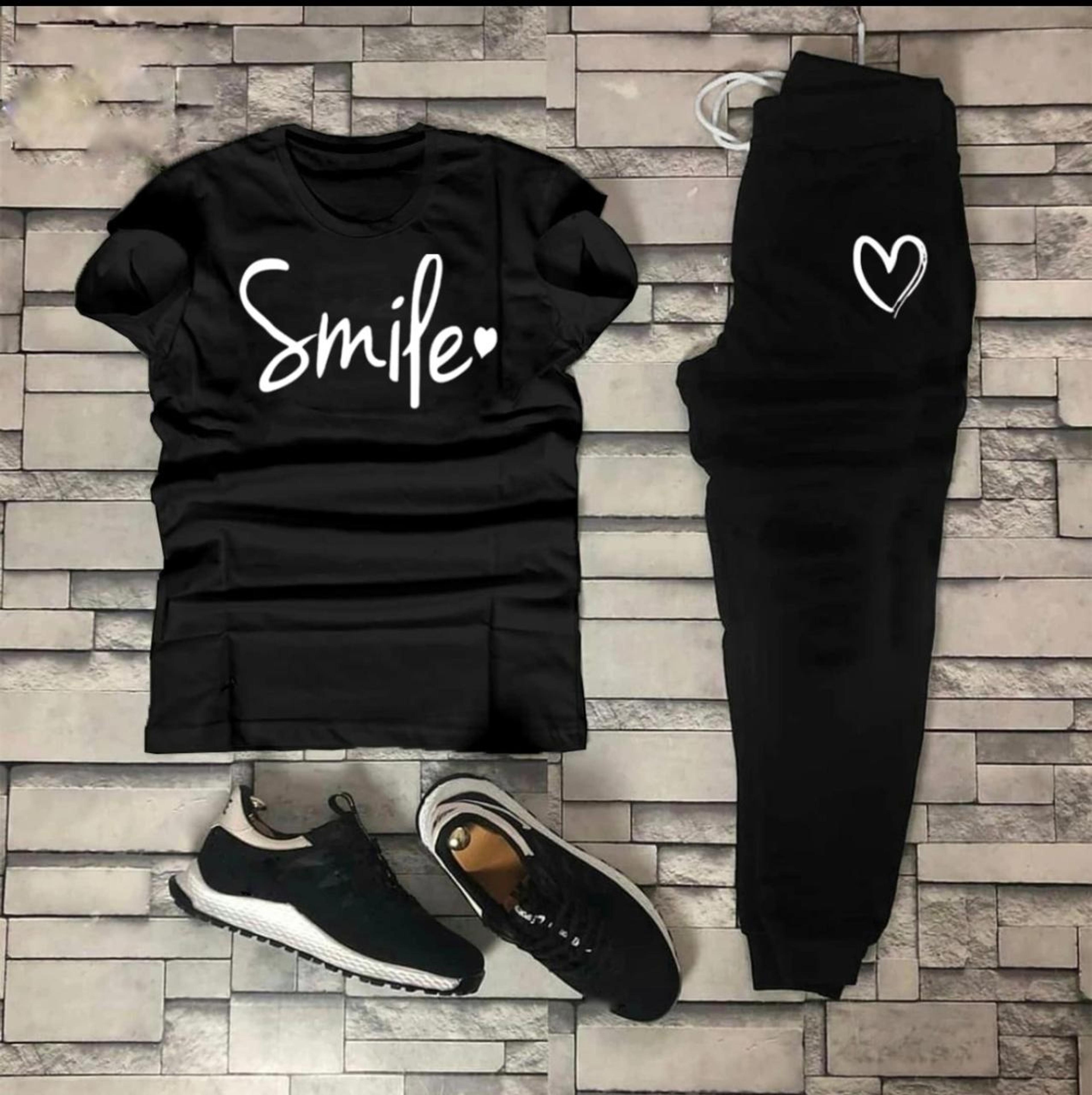STYLISH SMILE HEART Tag Printed Summer Tracksuit For Women & Girls Tee-shirt with trousers New Design Round Neck Half Sleeves T Shirts Top Quality Gym Wear/Casual and comfortable Pair T-Shirt and Trouser image 3