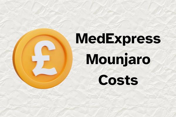 Pound sterling with text "MedExpress Mounjaro Costs"