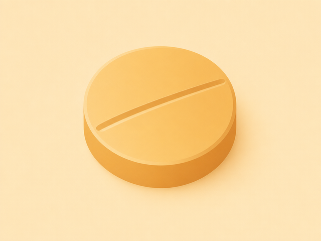 Flat-vector illustration of a single amber GLP-1 tablet on a cream background, representing GLP-1 tablets in the UK