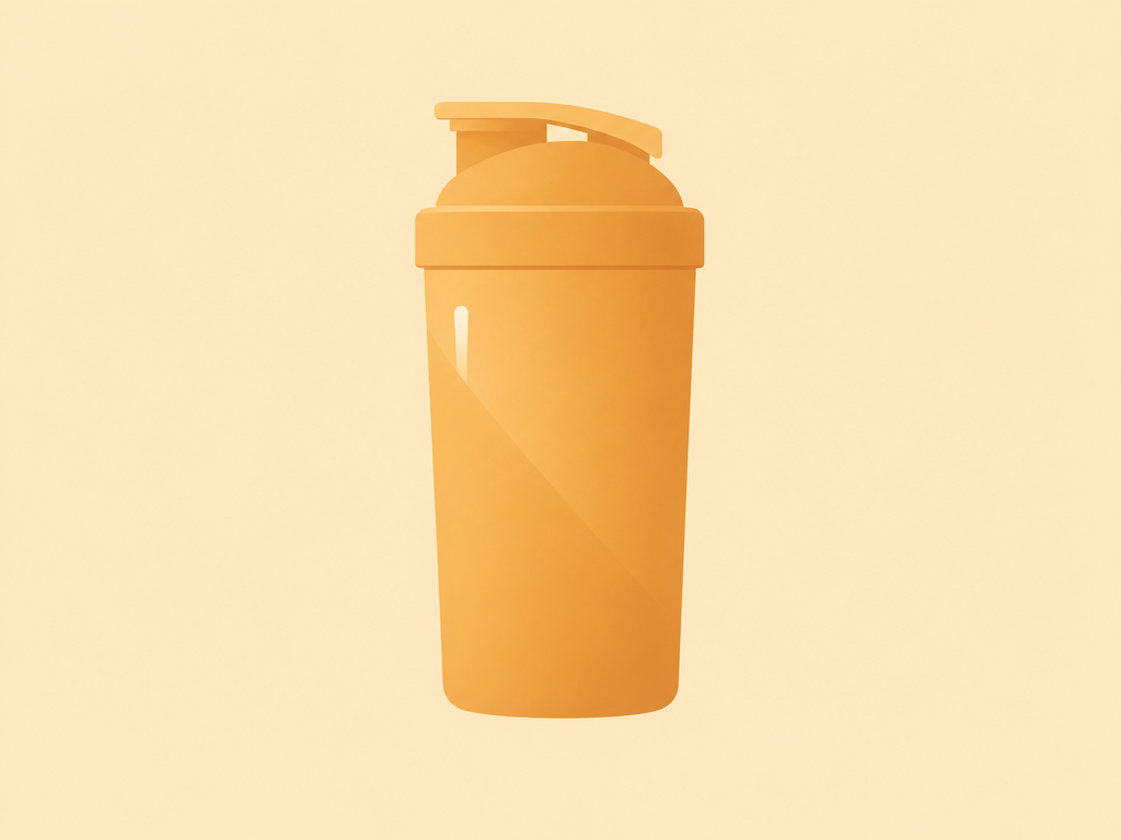 Flat-vector amber illustration of a shaker bottle on a cream background, for a guide asking is Huel good for you