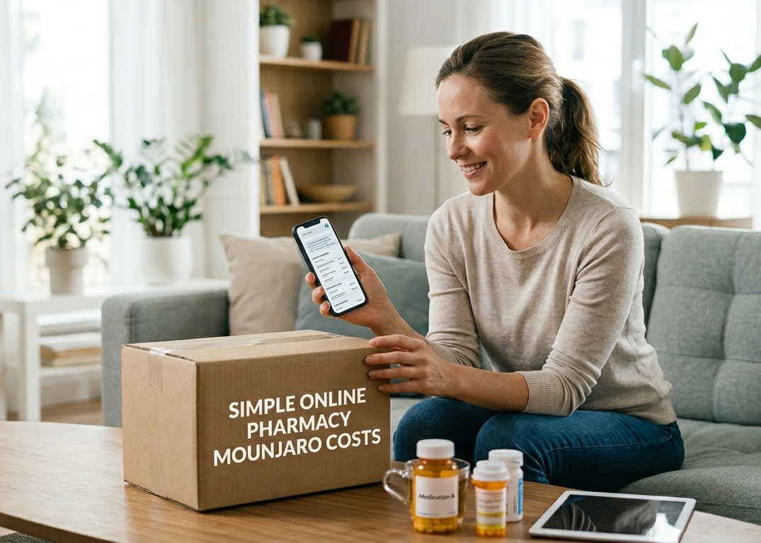 Person with a box that says Simple Online Pharmacy