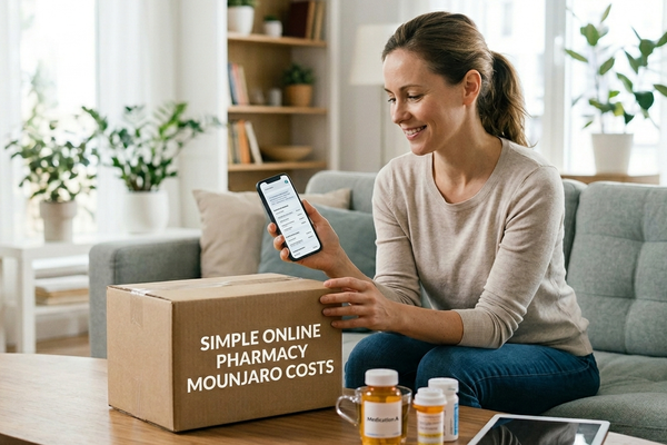 Person with a box that says Simple Online Pharmacy