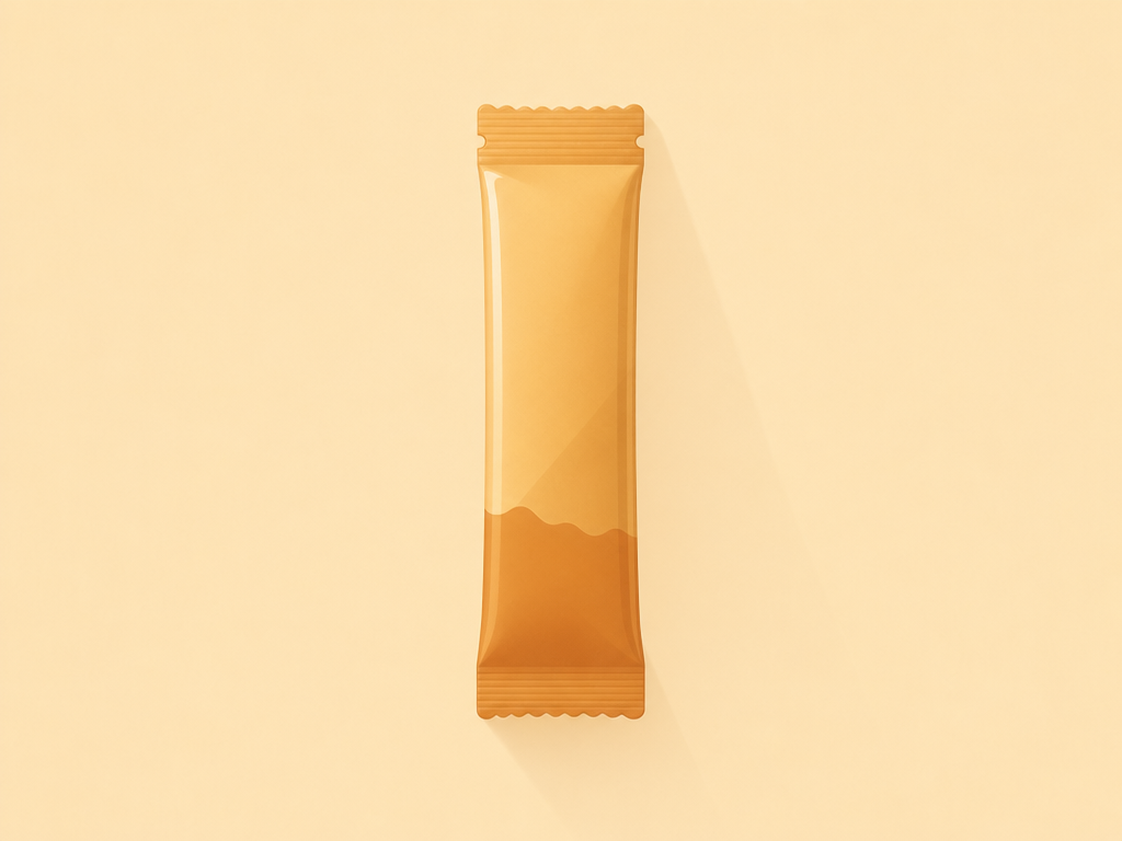 Flat-vector illustration of a single amber supplement sachet, illustrating a Feel Pro Metabolic review