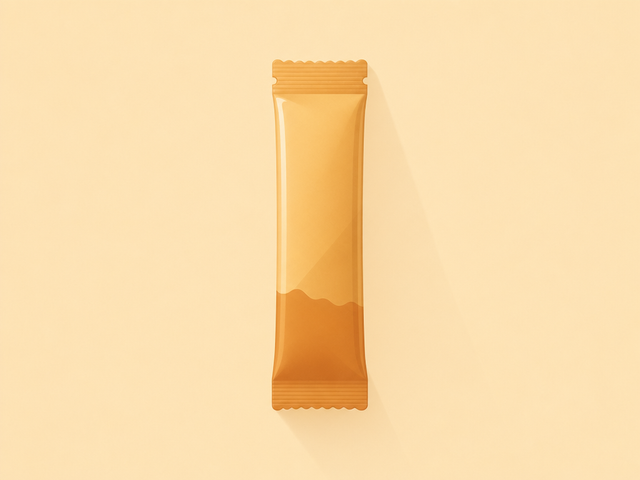 Flat-vector illustration of a single amber supplement sachet, illustrating a Feel Pro Metabolic review