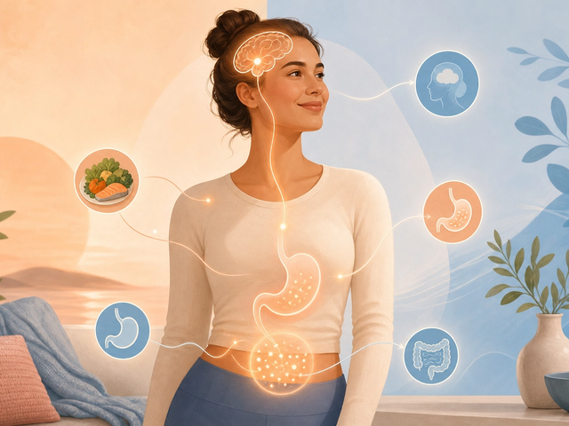 Editorial illustration of how GLP-1s work in the body — appetite, stomach and blood sugar signals