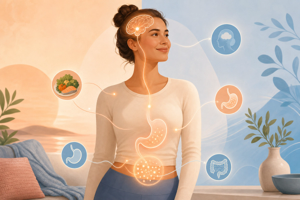 Editorial illustration of how GLP-1s work in the body — appetite, stomach and blood sugar signals