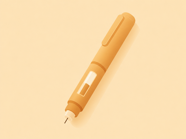 Flat-vector illustration of a Mounjaro 5mg weekly injection pen on a warm cream background