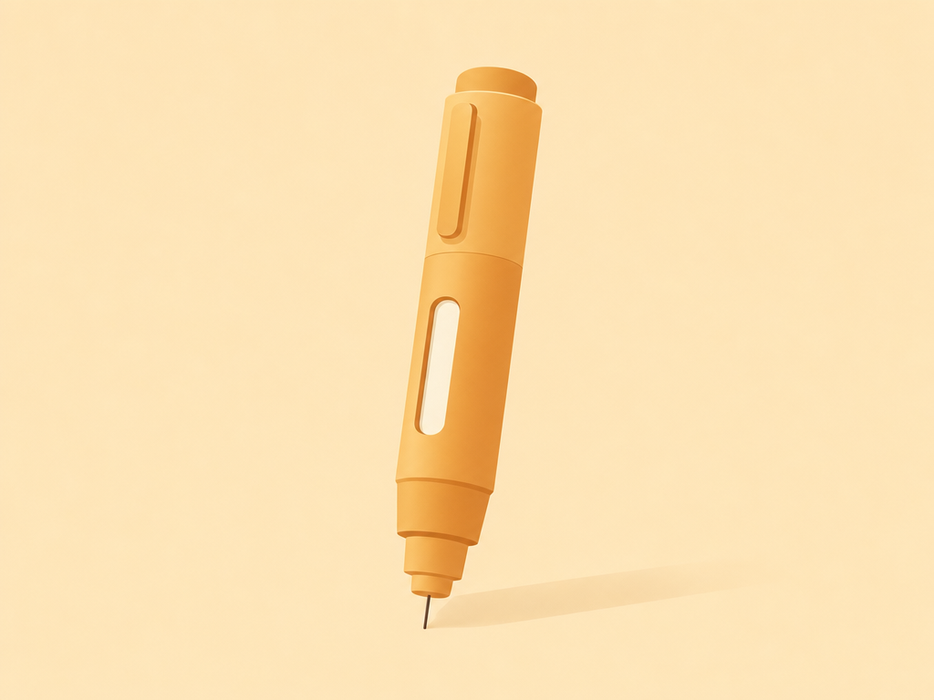 Flat-vector illustration of a Mounjaro 15mg injection pen in warm amber tones on a cream background