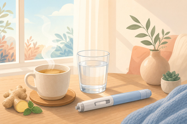 Calm home scene with ginger tea, water and a wellness pen representing how to manage Mounjaro side effects