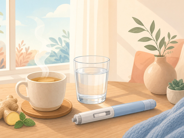 Calm home scene with ginger tea, water and a wellness pen representing how to manage Mounjaro side effects