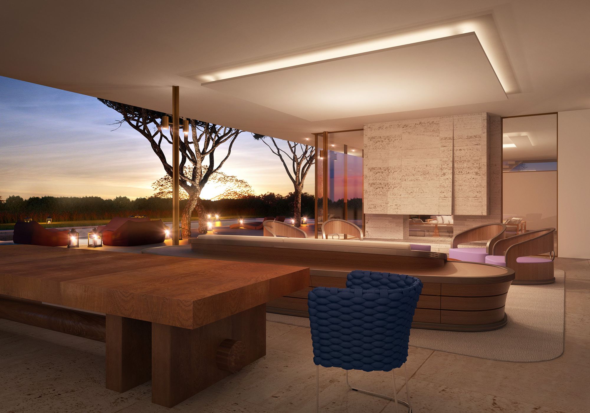 Rendering: open living space with timber table and view – Single-family house in Tuscany