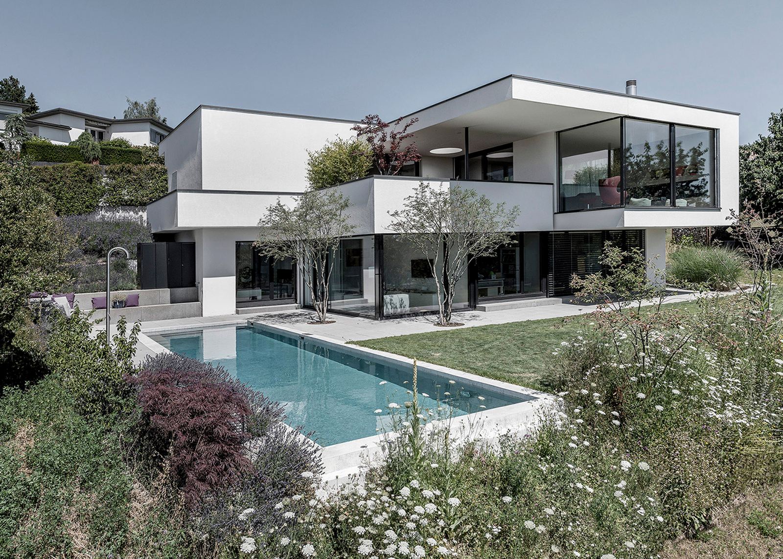 Pool in front of the cantilevered facade